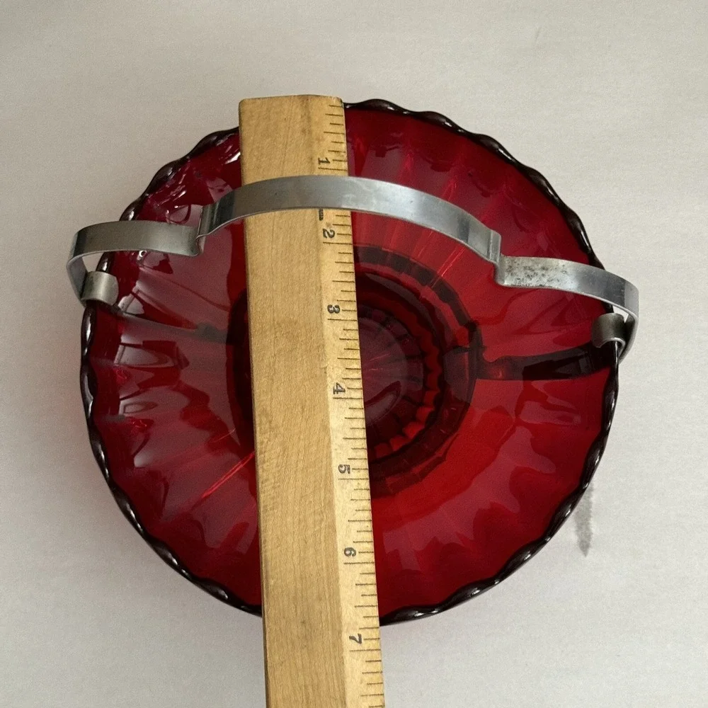 Imperial Glass Red Pillar Flutes Relish Sea Food Bowl‎ w/ Metal Handle Antique